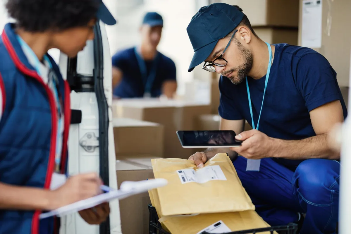 Young delivery man using digital tablet for scanning bar code on package label